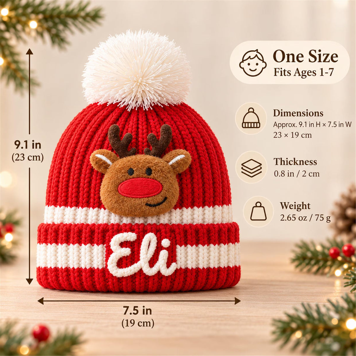Custom Name Kids Winter Hat, Personalized Christmas Beanie with Plush Ornament, Holiday Gift for Toddler Boys Girls