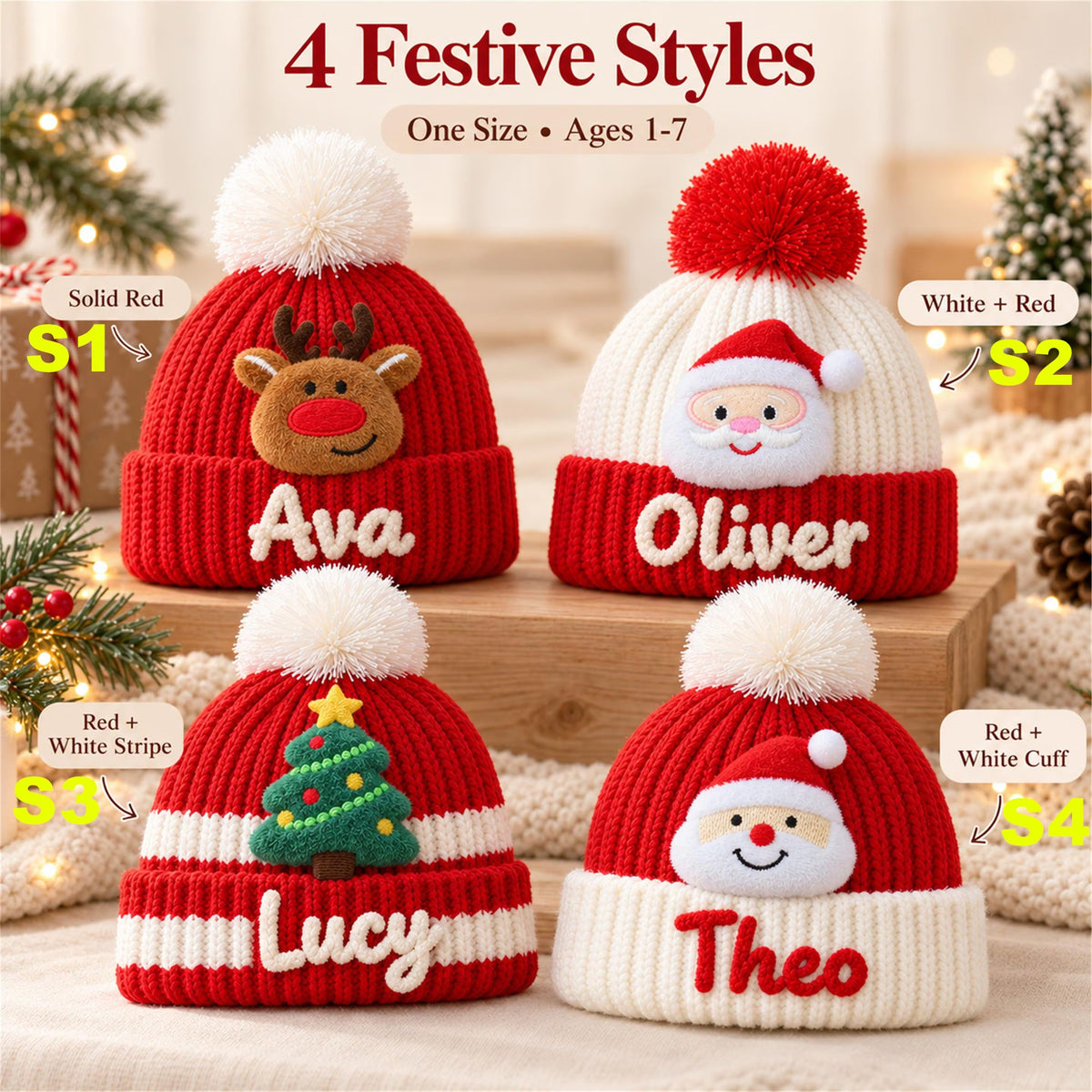 Custom Name Kids Winter Hat, Personalized Christmas Beanie with Plush Ornament, Holiday Gift for Toddler Boys Girls