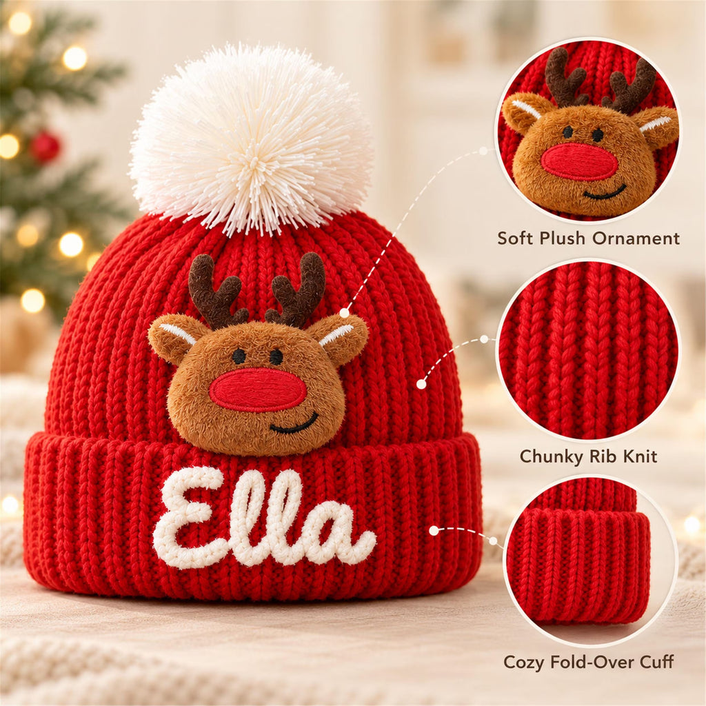 Custom Name Kids Winter Hat, Personalized Christmas Beanie with Plush Ornament, Holiday Gift for Toddler Boys Girls