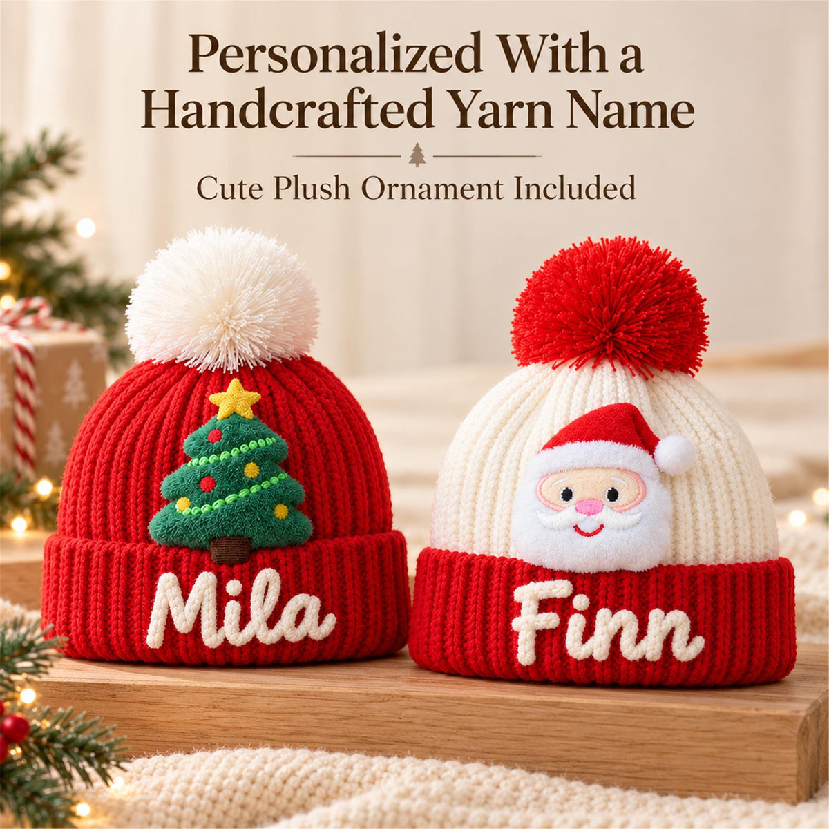 Custom Name Kids Winter Hat, Personalized Christmas Beanie with Plush Ornament, Holiday Gift for Toddler Boys Girls