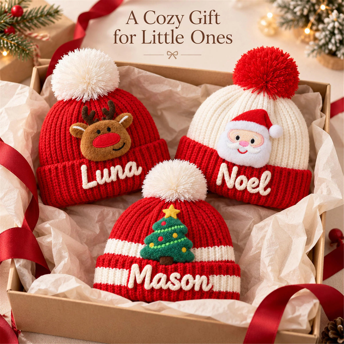 Custom Name Kids Winter Hat, Personalized Christmas Beanie with Plush Ornament, Holiday Gift for Toddler Boys Girls