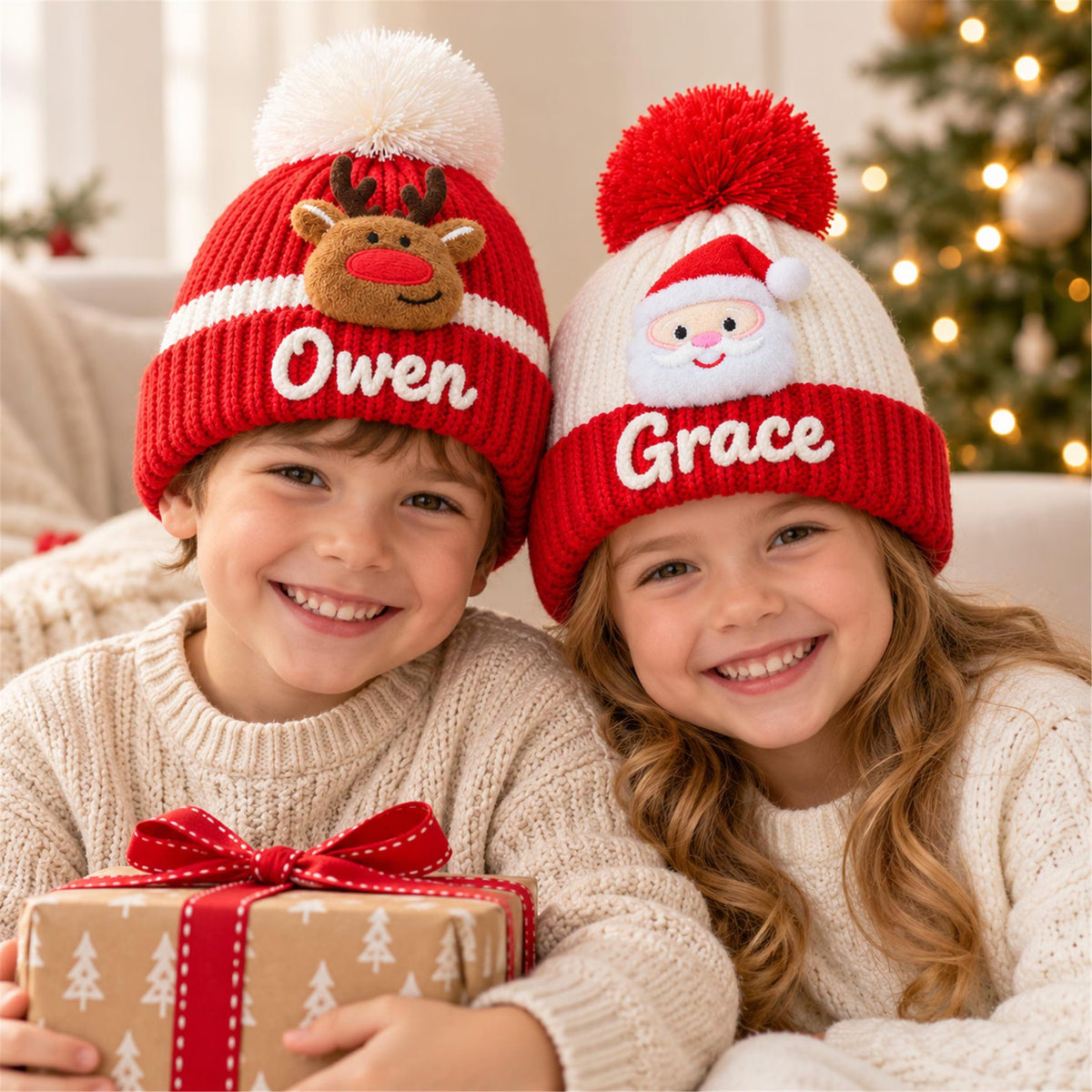 Custom Name Kids Winter Hat, Personalized Christmas Beanie with Plush Ornament, Holiday Gift for Toddler Boys Girls