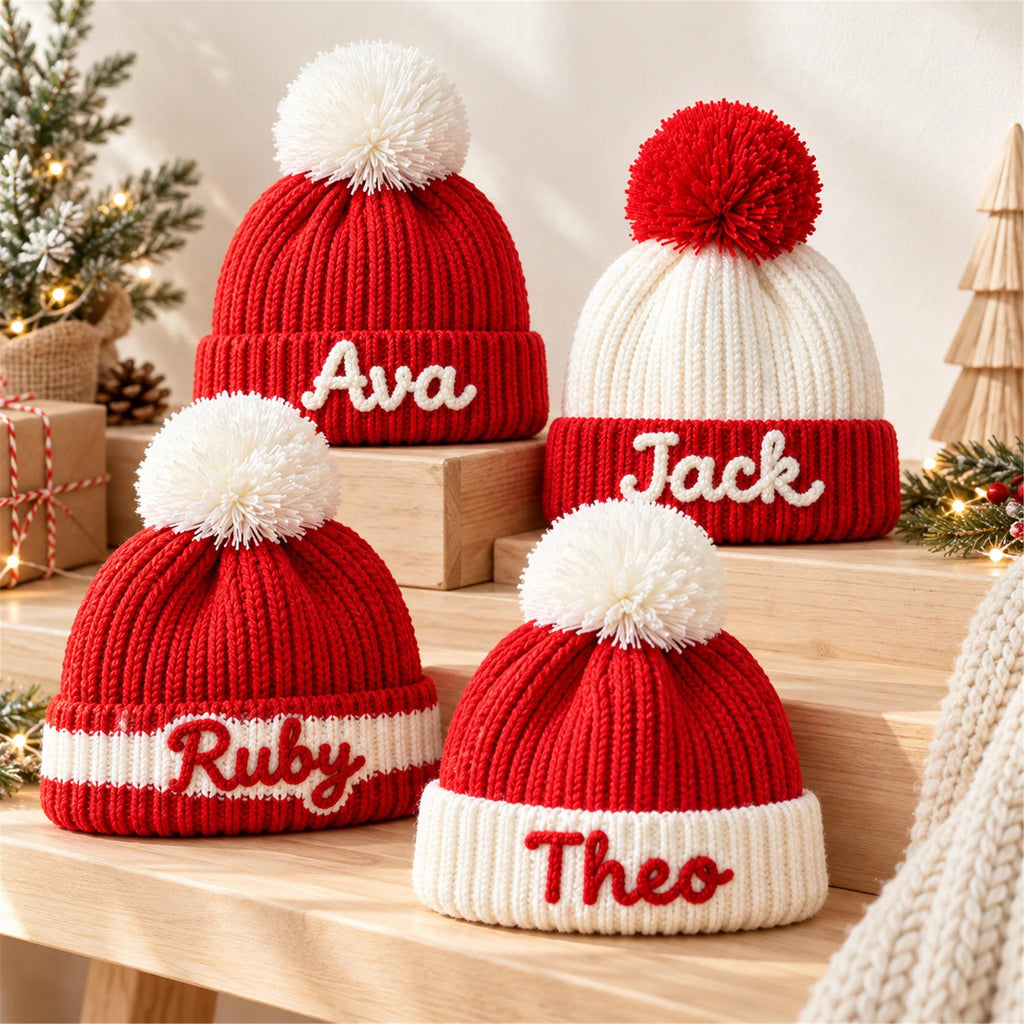 Custom Name Kids Winter Hat, Personalized Christmas Beanie with Plush Ornament, Holiday Gift for Toddler Boys Girls