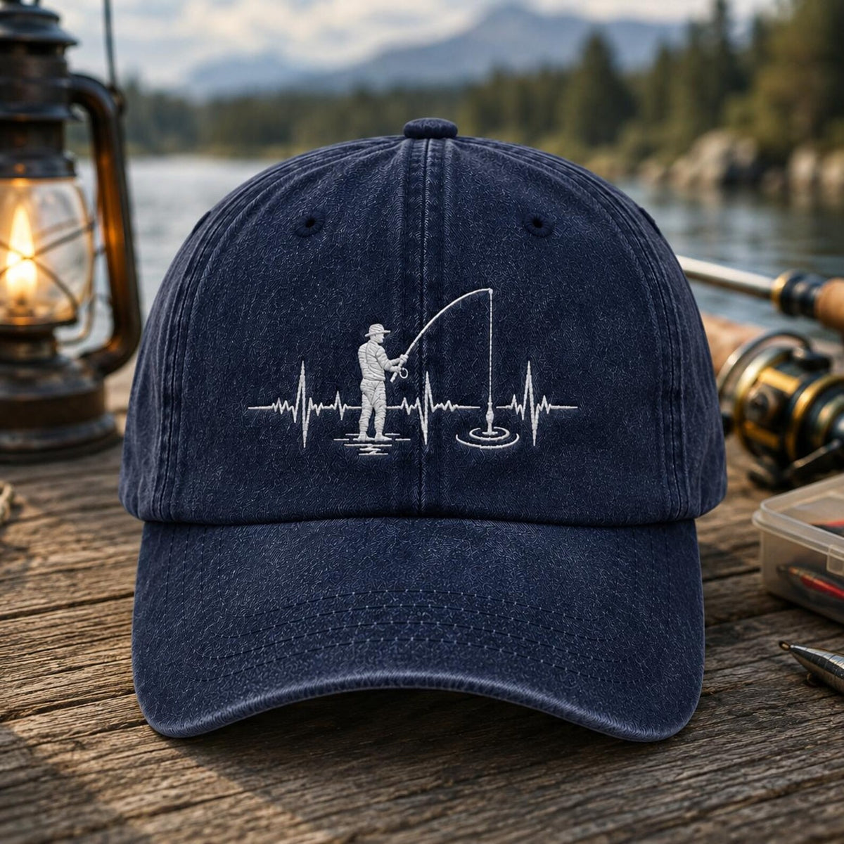 Fishing Heartbeat Embroidered Hat, Fisherman Dad Cap, Vintage Baseball Cap, Angler Gift, Fishing Lover Hat