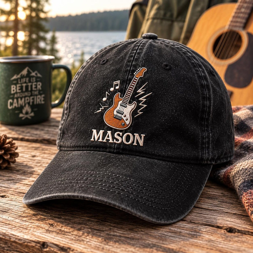 Personalized Guitar Embroidered Hat, Custom Name Music Dad Hat, Vintage Washed Cap, Rock Music Gift for Guitar Lover