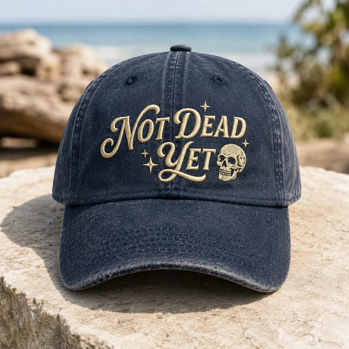 Not Dead Yet Embroidered Hat, Funny Skull Dad Cap, Vintage Washed Baseball Cap, Dark Humor Gift, Gothic Casual Hat