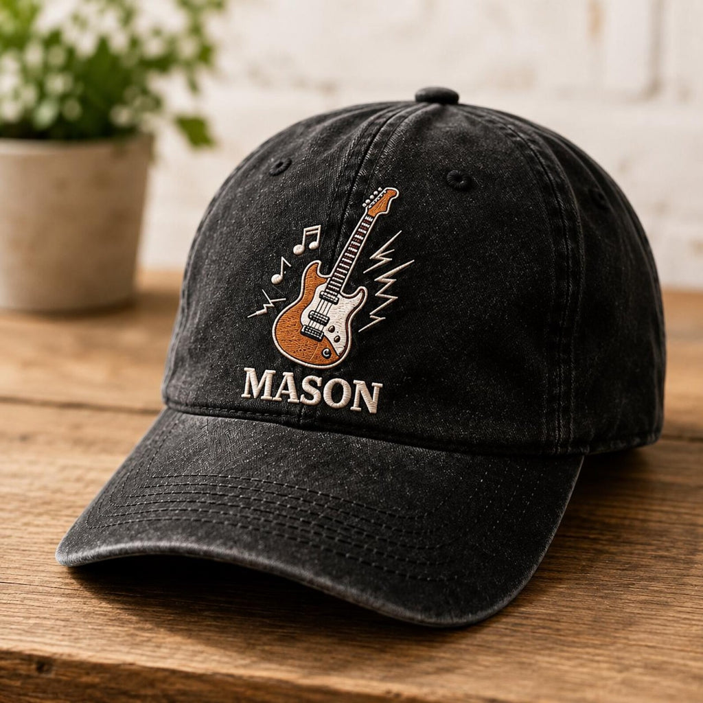 Personalized Guitar Embroidered Hat, Custom Name Music Dad Hat, Vintage Washed Cap, Rock Music Gift for Guitar Lover