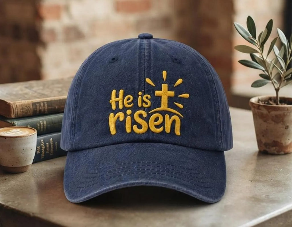 Christian Baseball Cap, He Is Risen Embroidered Hat, Faith Based Gift, Religious Dad Hat, Easter Hat, Unisex Vintage Washed Cotton Hat