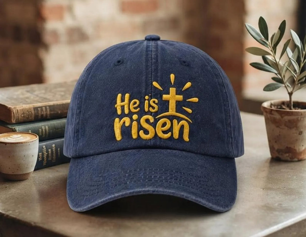 Christian Baseball Cap, He Is Risen Embroidered Hat, Faith Based Gift, Religious Dad Hat, Easter Hat, Unisex Vintage Washed Cotton Hat