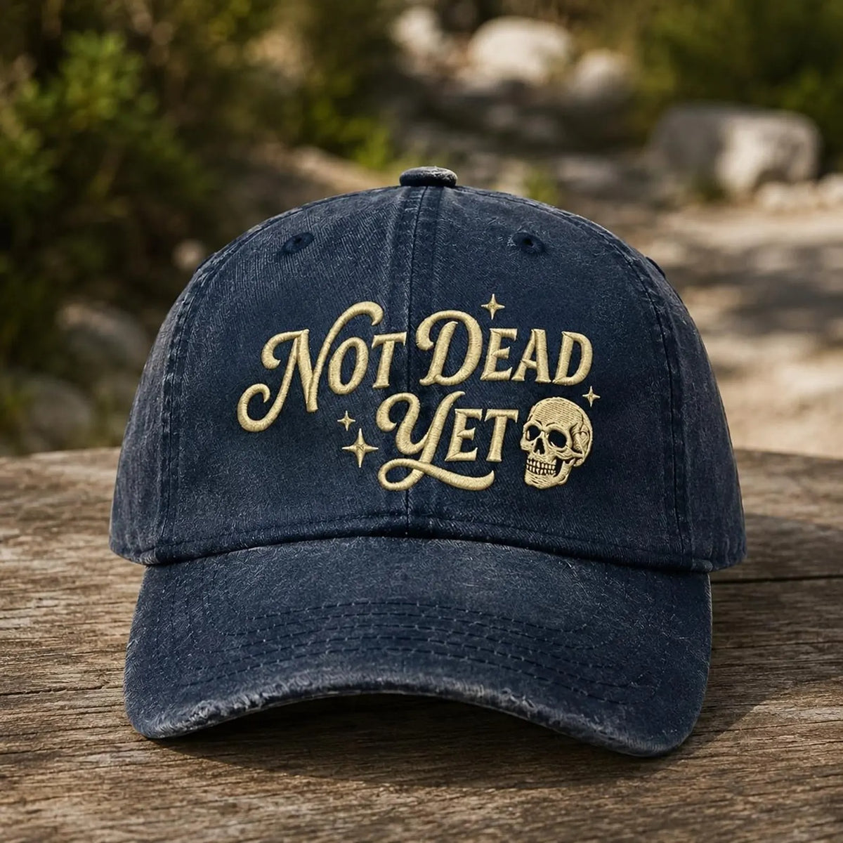 Not Dead Yet Embroidered Hat, Funny Skull Dad Cap, Vintage Washed Baseball Cap, Dark Humor Gift, Gothic Casual Hat