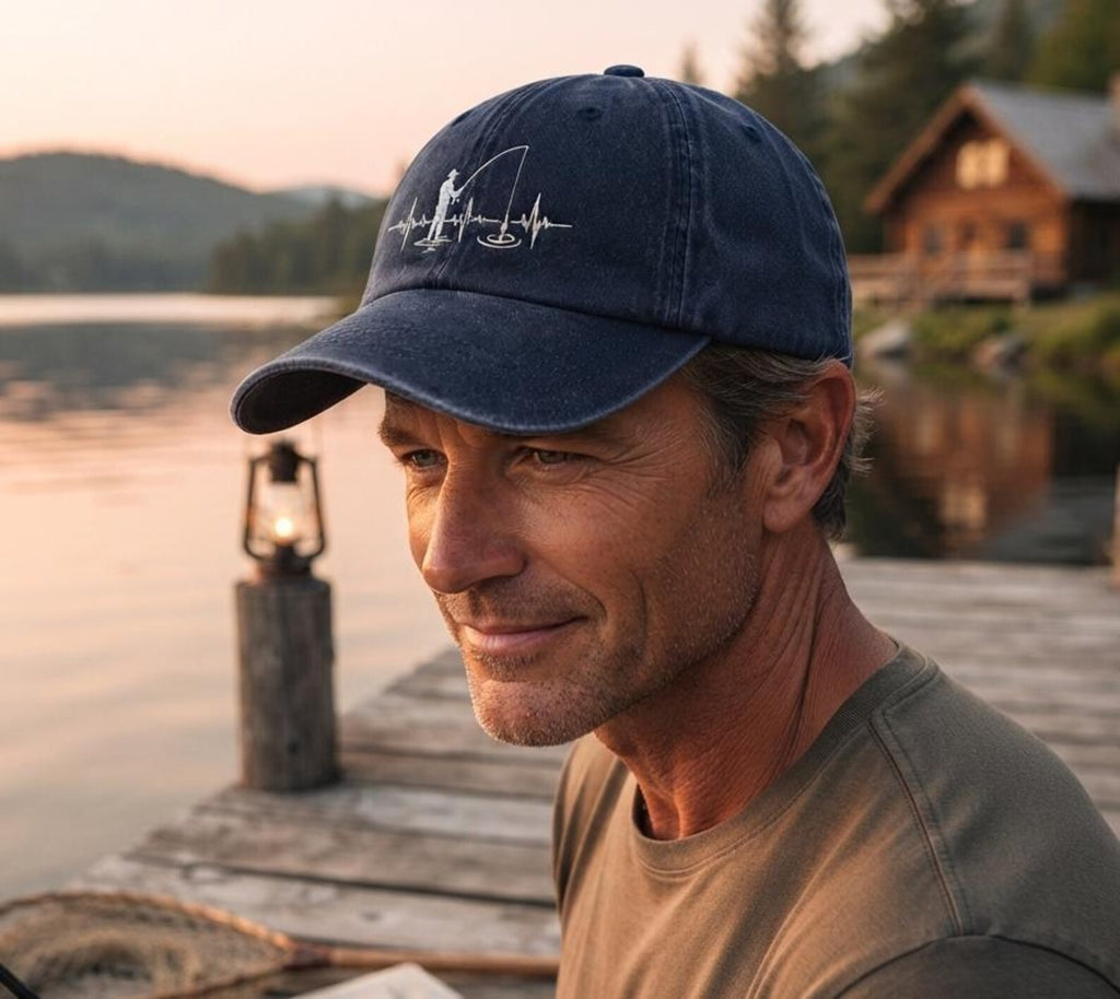 Fishing Heartbeat Embroidered Hat, Fisherman Dad Cap, Vintage Baseball Cap, Angler Gift, Fishing Lover Hat