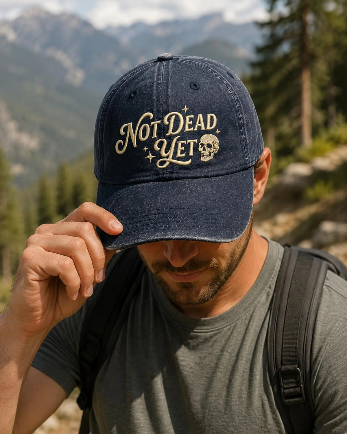 Not Dead Yet Embroidered Hat, Funny Skull Dad Cap, Vintage Washed Baseball Cap, Dark Humor Gift, Gothic Casual Hat