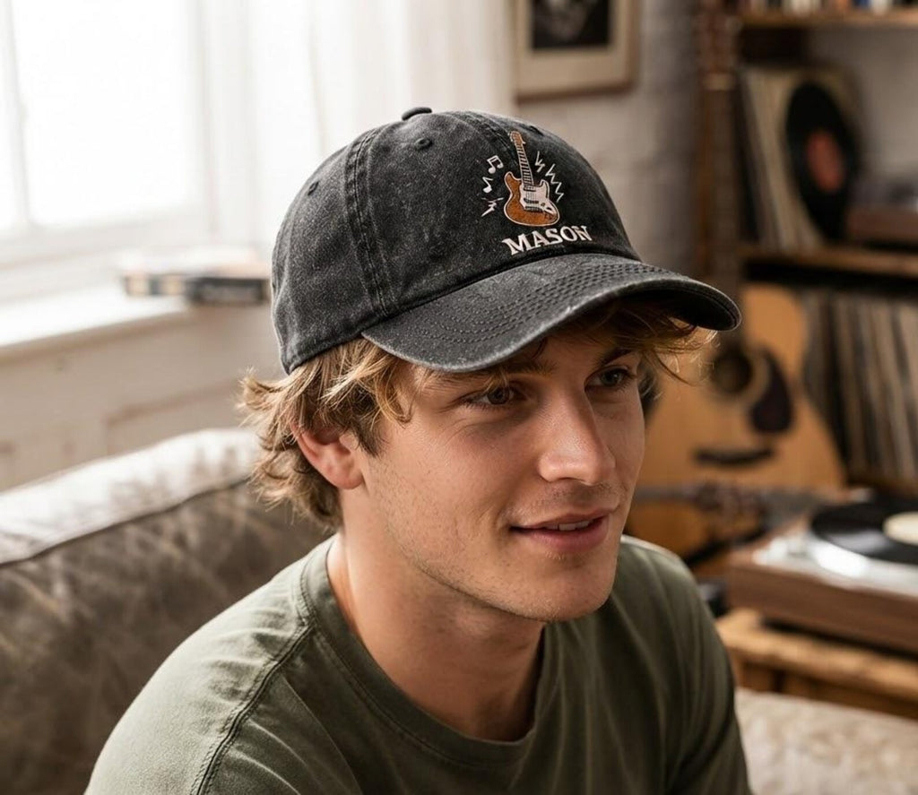 Personalized Guitar Embroidered Hat, Custom Name Music Dad Hat, Vintage Washed Cap, Rock Music Gift for Guitar Lover