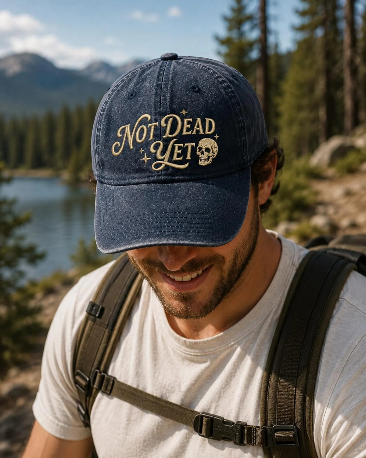 Not Dead Yet Embroidered Hat, Funny Skull Dad Cap, Vintage Washed Baseball Cap, Dark Humor Gift, Gothic Casual Hat