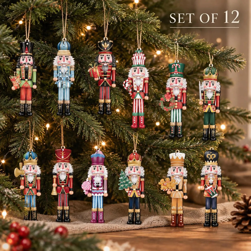 Set of 12 Wooden Nutcracker Christmas Ornaments