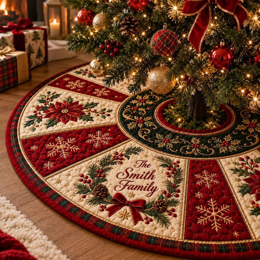 Personalized Christmas Tree Skirt, Custom Family Name Quilt Tree Skirt, Traditional Holiday Decor, Christmas Keepsake for Family, Xmas Gift