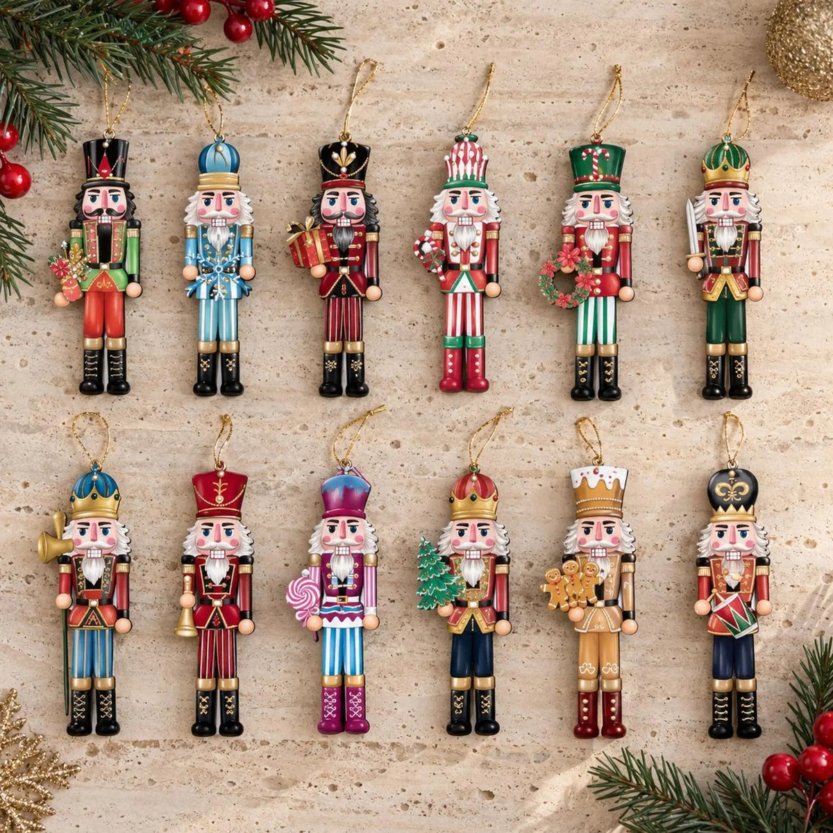 Set of 12 Wooden Nutcracker Christmas Ornaments