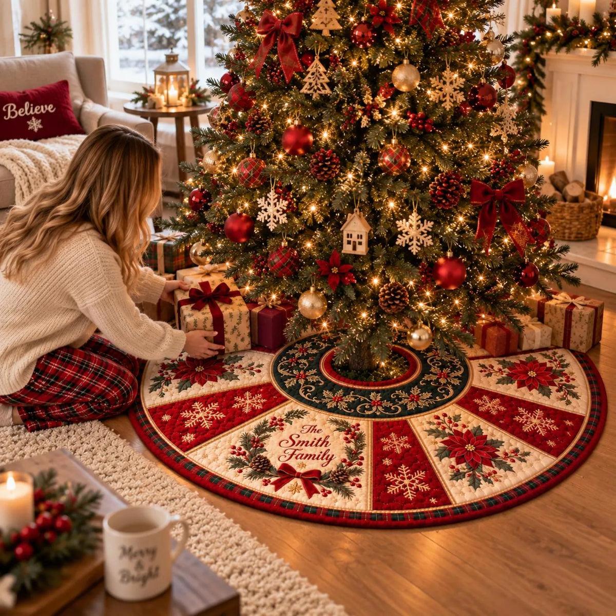 Personalized Christmas Tree Skirt, Custom Family Name Quilt Tree Skirt, Traditional Holiday Decor, Christmas Keepsake for Family, Xmas Gift