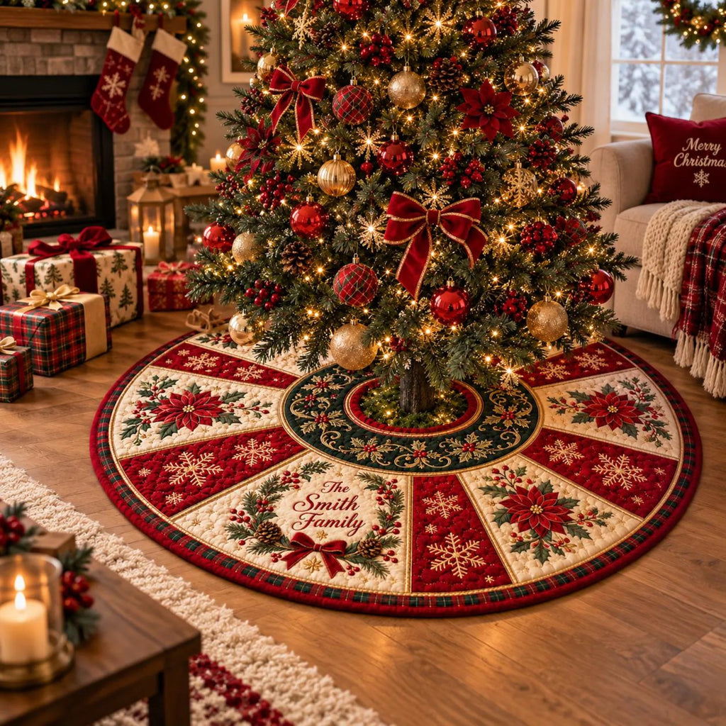 Personalized Christmas Tree Skirt, Custom Family Name Quilt Tree Skirt, Traditional Holiday Decor, Christmas Keepsake for Family, Xmas Gift