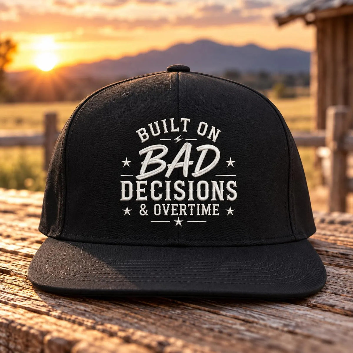 Built on Bad Decisions and Overtime Hat, Funny Embroidered Black Snapback, Work Humor Cap, Gift for Coworkers