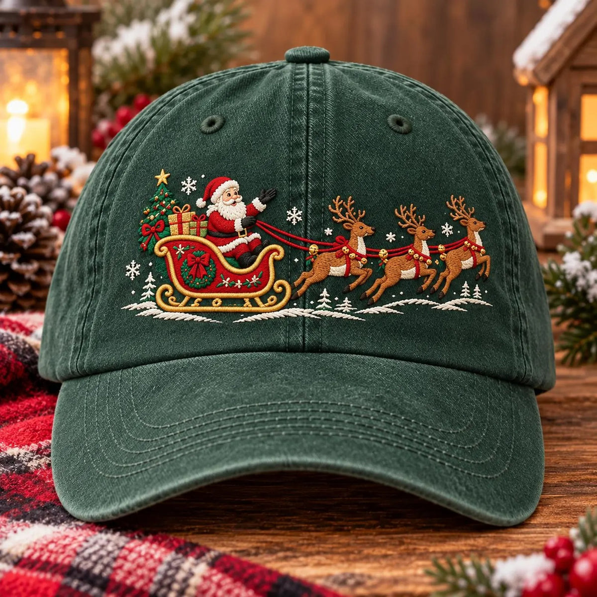Christmas Santa Reindeer Embroidered Hat, Green Holiday Baseball Cap, Vintage Christmas Gift, Festive Winter Dad Hat