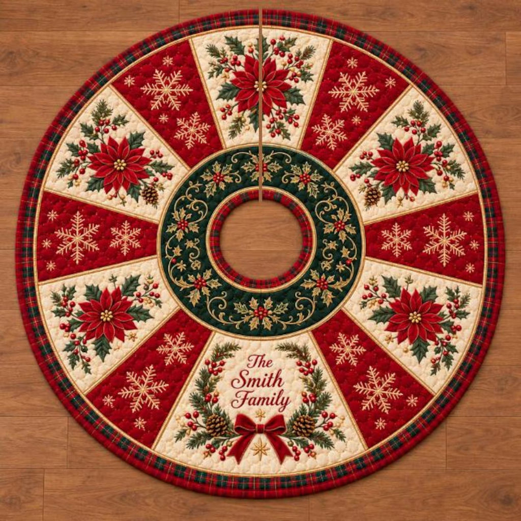 Personalized Christmas Tree Skirt, Custom Family Name Quilt Tree Skirt, Traditional Holiday Decor, Christmas Keepsake for Family, Xmas Gift