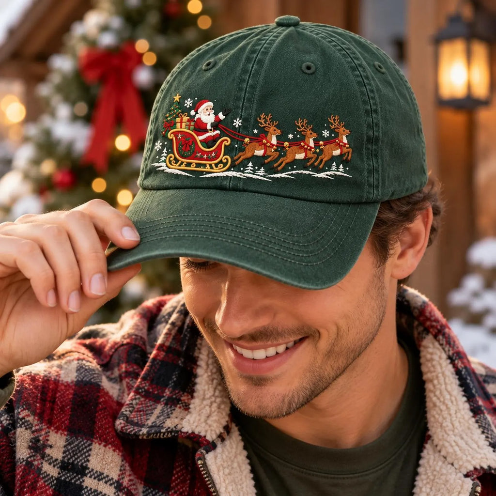 Christmas Santa Reindeer Embroidered Hat, Green Holiday Baseball Cap, Vintage Christmas Gift, Festive Winter Dad Hat