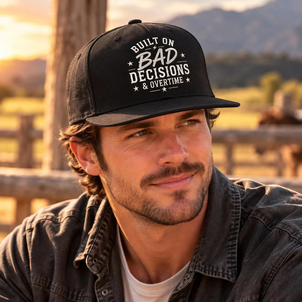 Built on Bad Decisions and Overtime Hat, Funny Embroidered Black Snapback, Work Humor Cap, Gift for Coworkers