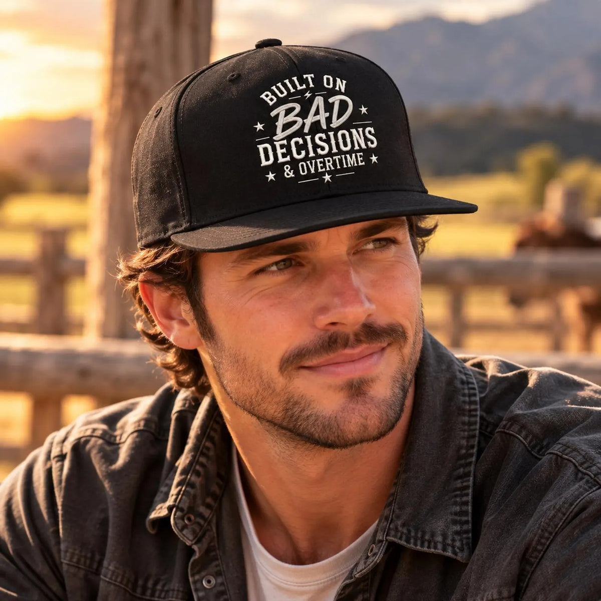 Built on Bad Decisions and Overtime Hat, Funny Embroidered Black Snapback, Work Humor Cap, Gift for Coworkers