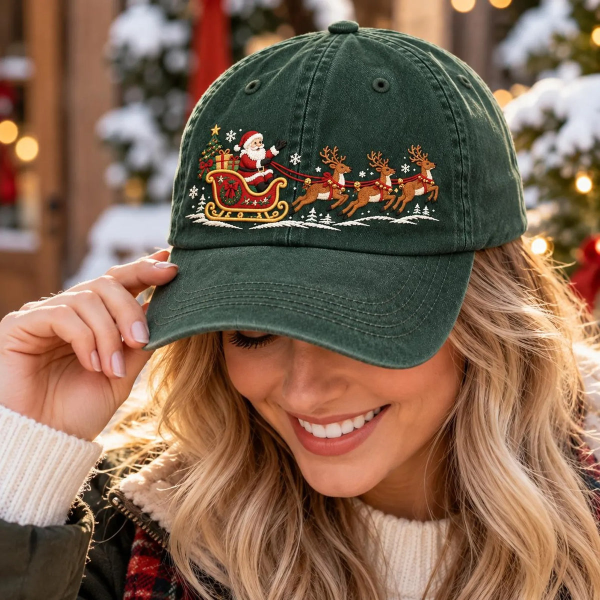 Christmas Santa Reindeer Embroidered Hat, Green Holiday Baseball Cap, Vintage Christmas Gift, Festive Winter Dad Hat
