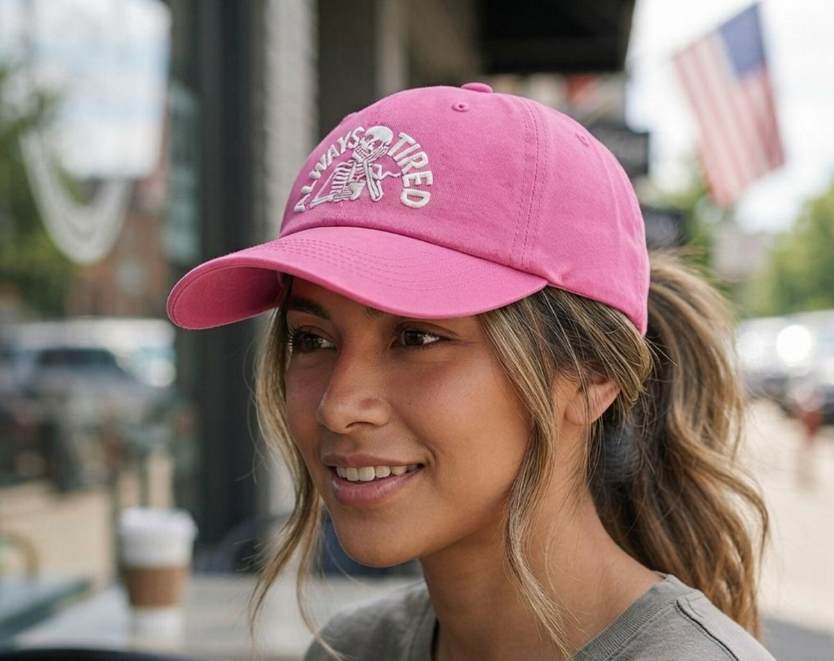 Always Tired Embroidered Hat, Funny Skeleton Dad Cap, Pink Baseball Cap, Tired Mom Gift, Sleepy Girl Gift, Funny Everyday Hat