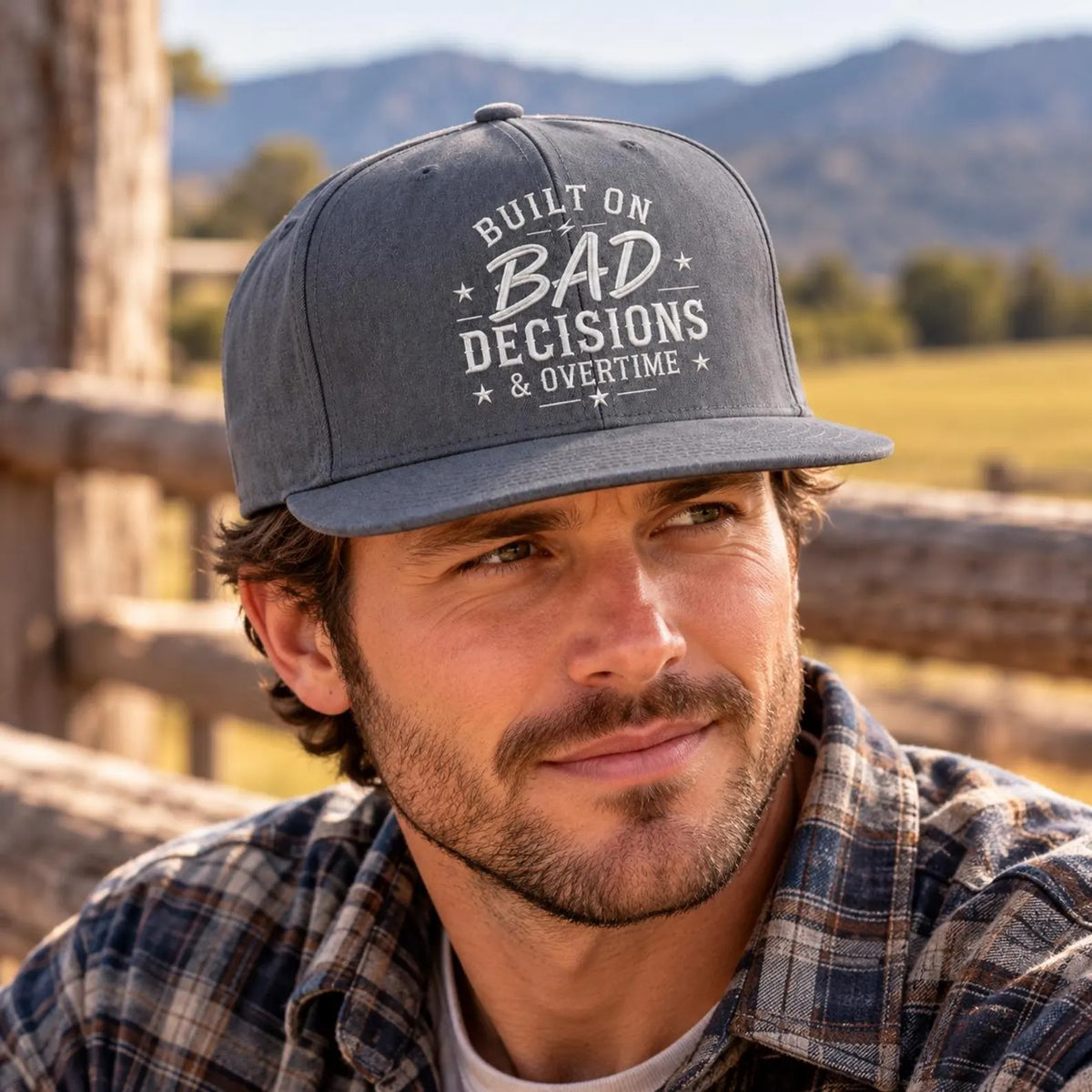 Built on Bad Decisions and Overtime Hat, Funny Embroidered Black Snapback, Work Humor Cap, Gift for Coworkers