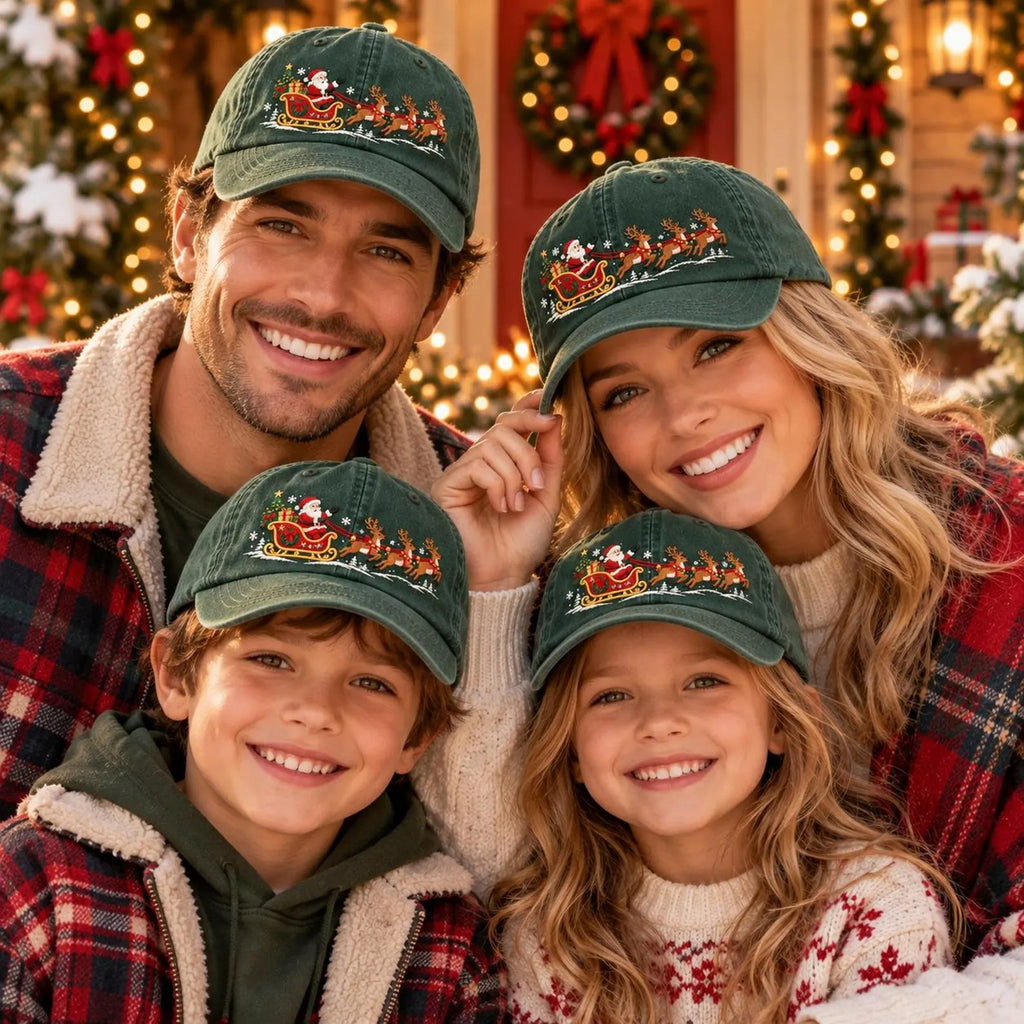 Christmas Santa Reindeer Embroidered Hat, Green Holiday Baseball Cap, Vintage Christmas Gift, Festive Winter Dad Hat