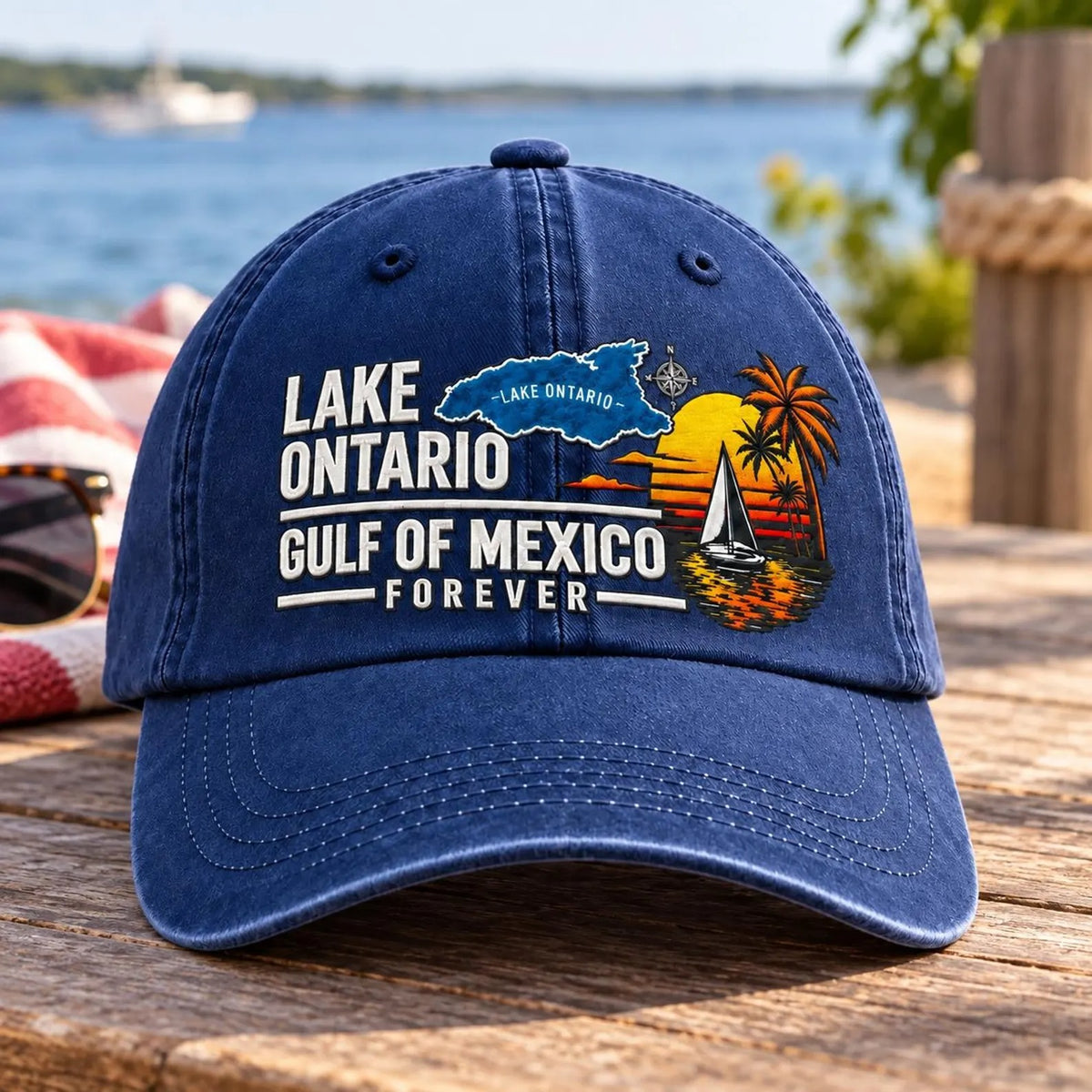 Lake Ontario Gulf of Mexico Hat, Lake Life Embroidered Cap, Boating Hat, Summer Vacation Hat, Coastal Travel Gift, Unisex Baseball Cap