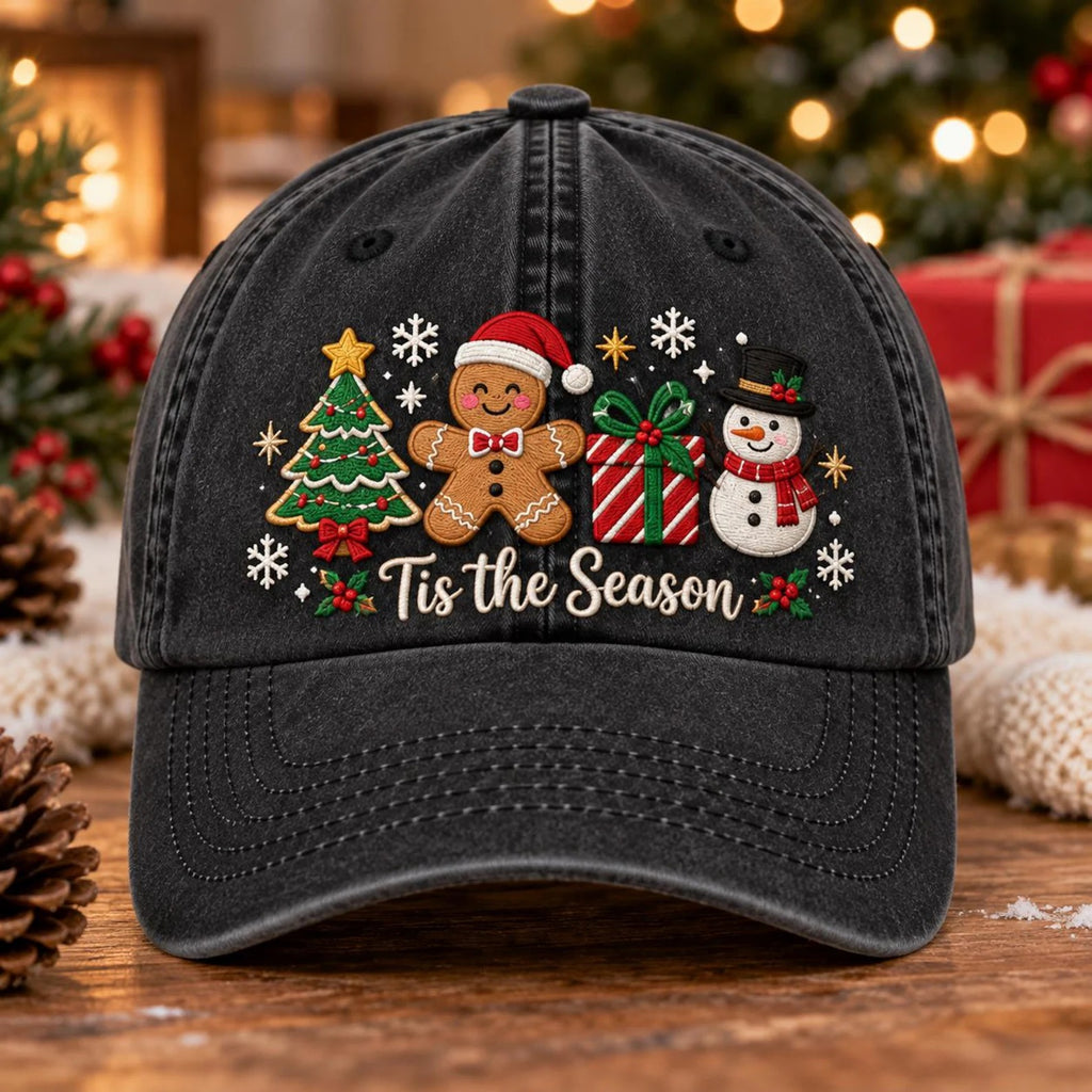 Christmas Embroidered Hat, Tis the Season Cap, Holiday Baseball Hat, Christmas Tree Hat, Gingerbread Hat, Snowman Hat, Festive Gift