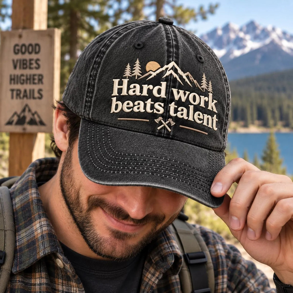 Hard Work Beats Talent Hat, Motivational Embroidered Cap, Vintage Washed Dad Hat, Hiking Outdoor Hat, Inspirational Gift for Him