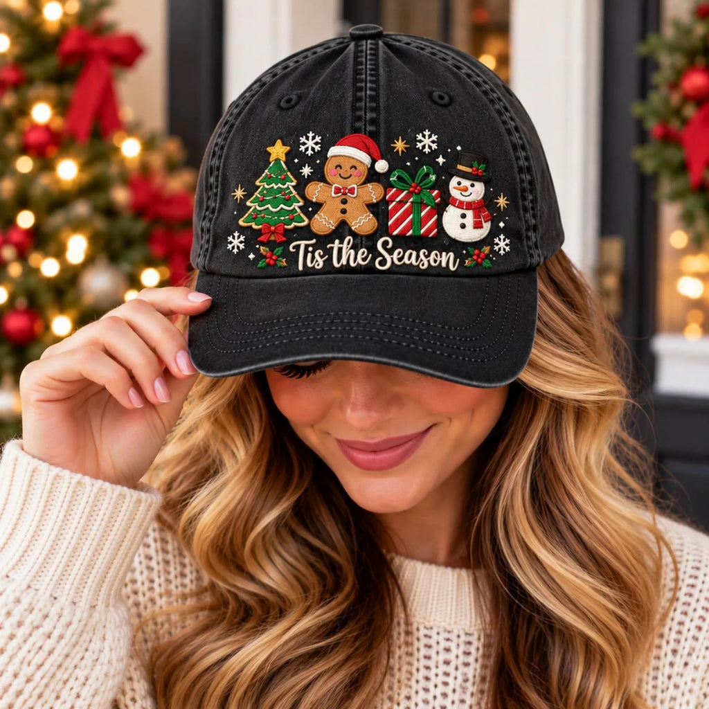 Christmas Embroidered Hat, Tis the Season Cap, Holiday Baseball Hat, Christmas Tree Hat, Gingerbread Hat, Snowman Hat, Festive Gift