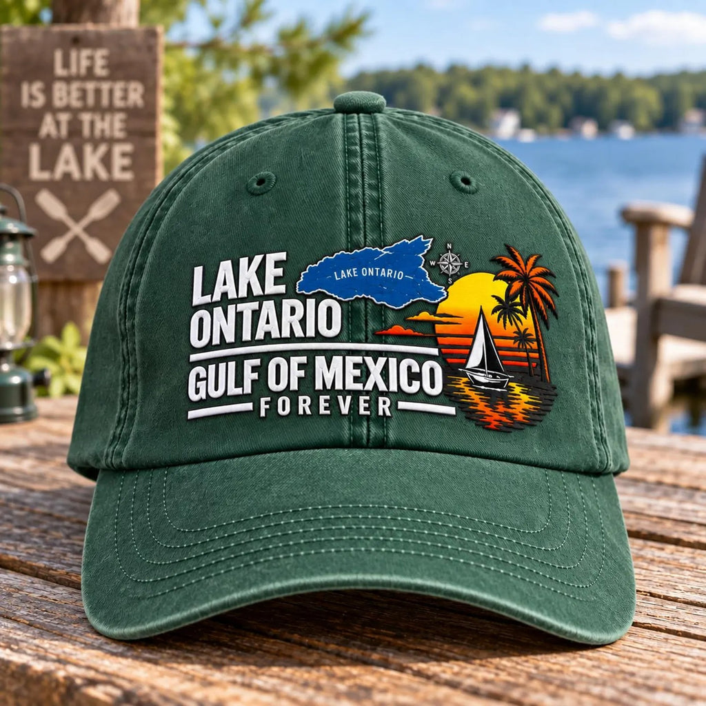 Lake Ontario Gulf of Mexico Hat, Lake Life Embroidered Cap, Boating Hat, Summer Vacation Hat, Coastal Travel Gift, Unisex Baseball Cap