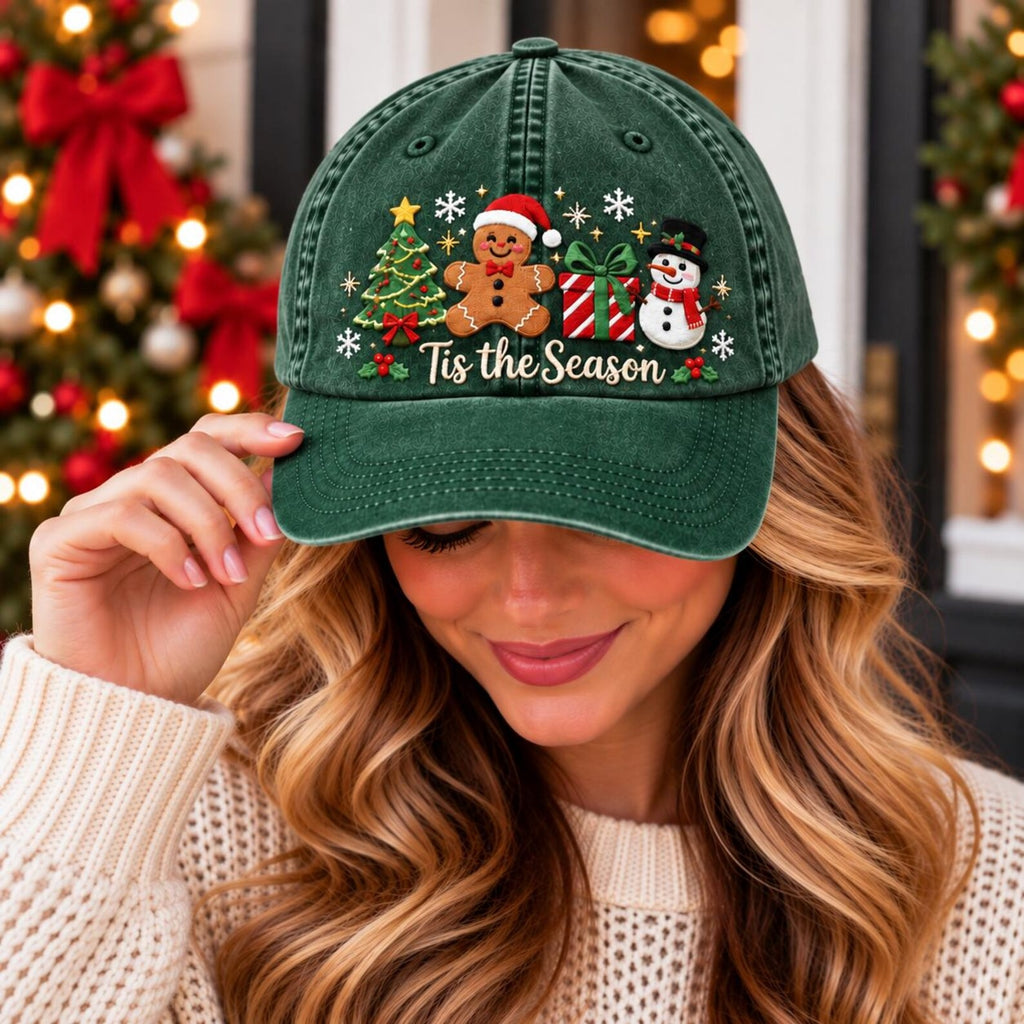 Christmas Embroidered Hat, Tis the Season Cap, Holiday Baseball Hat, Christmas Tree Hat, Gingerbread Hat, Snowman Hat, Festive Gift