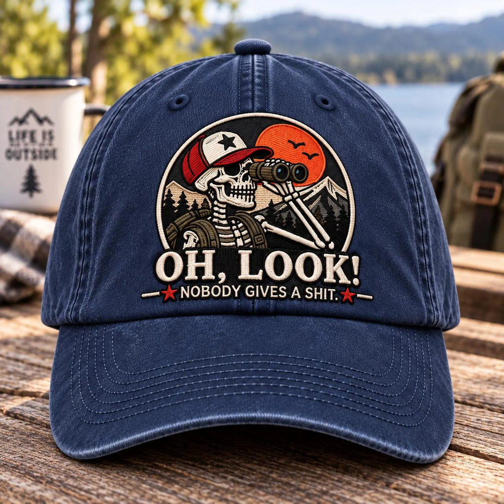 Vintage Skeleton Hat, Embroidered Washed Baseball Cap, Funny Outdoor Dad Hat, Navy Adventure Cap, Unisex Gift, Camping Hat