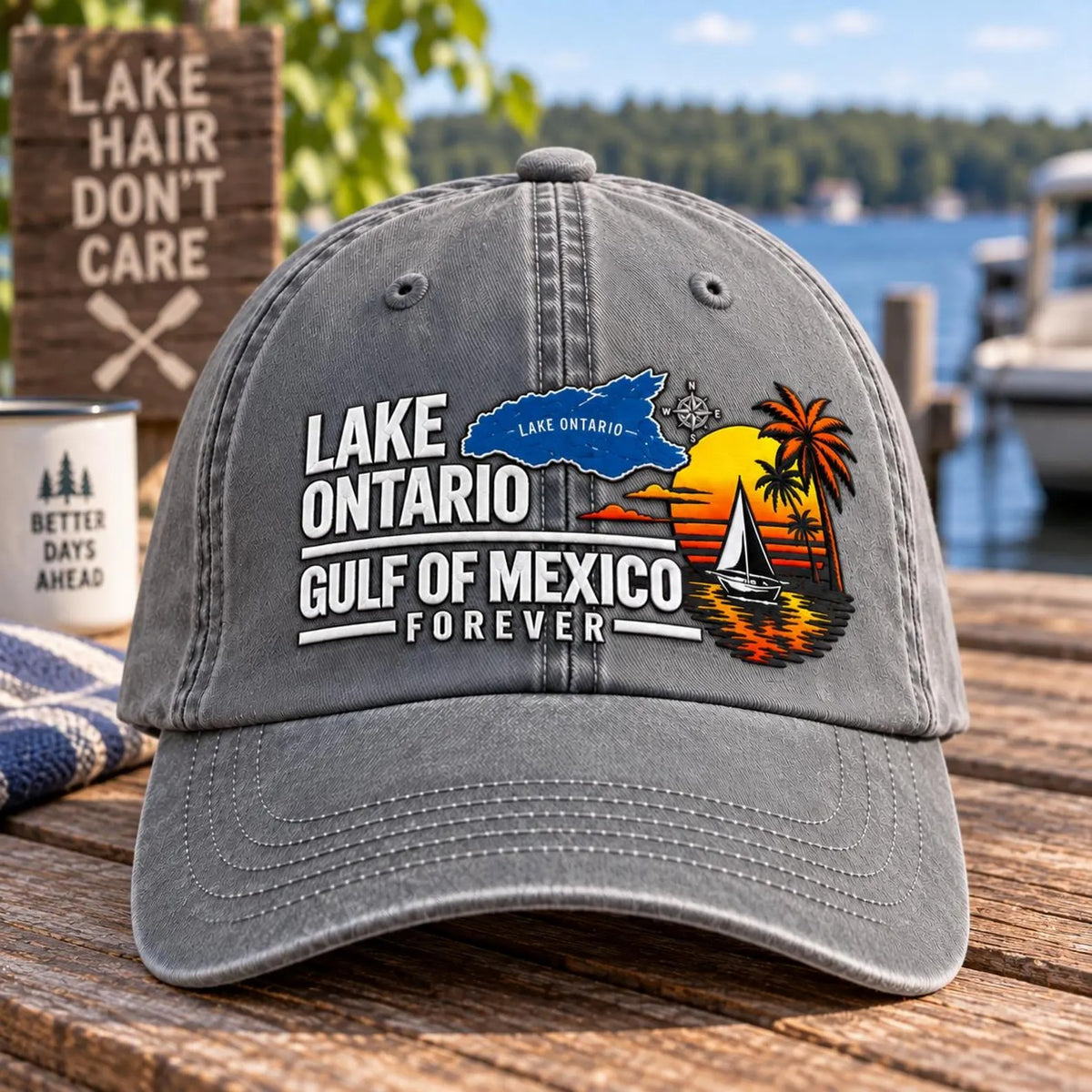 Lake Ontario Gulf of Mexico Hat, Lake Life Embroidered Cap, Boating Hat, Summer Vacation Hat, Coastal Travel Gift, Unisex Baseball Cap