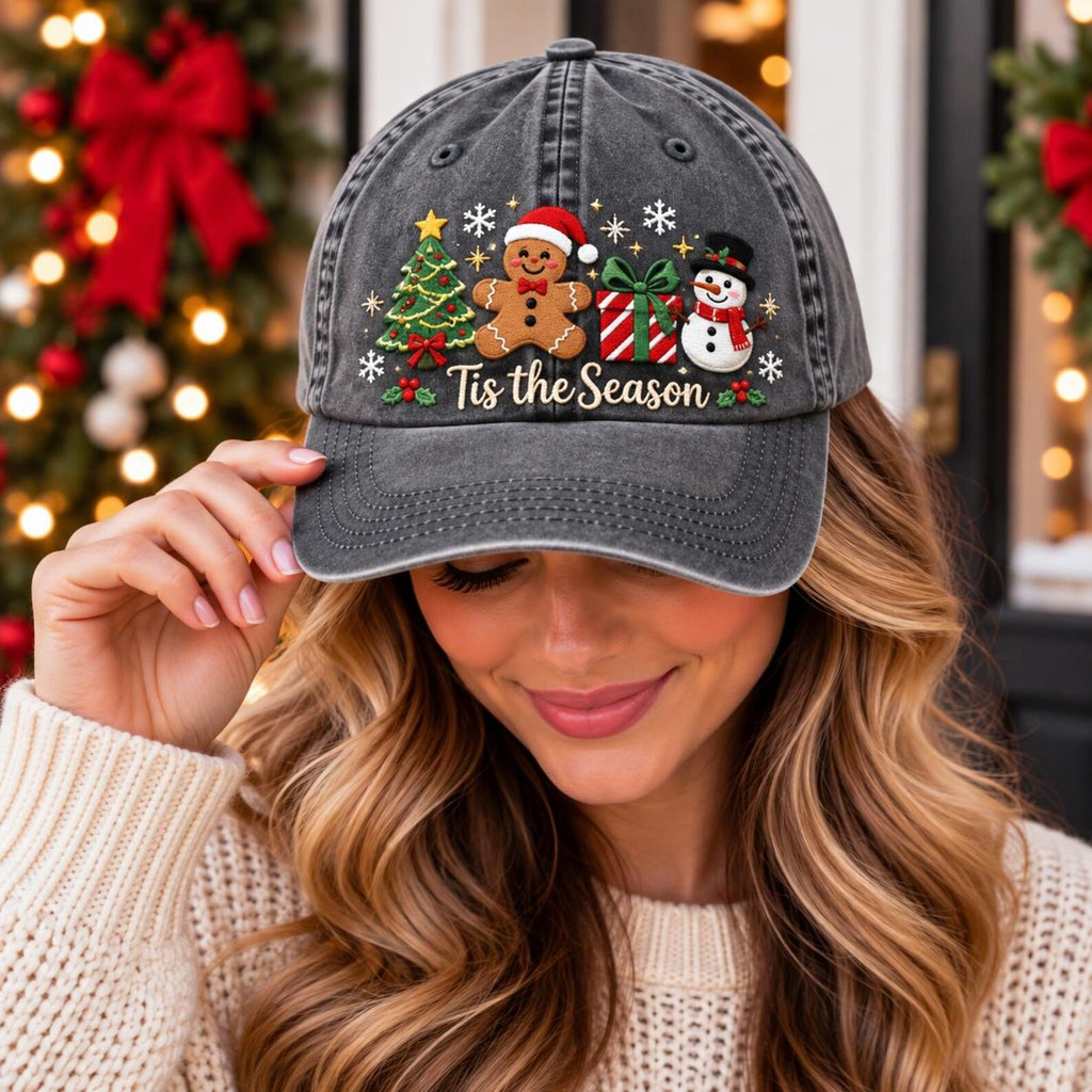 Christmas Embroidered Hat, Tis the Season Cap, Holiday Baseball Hat, Christmas Tree Hat, Gingerbread Hat, Snowman Hat, Festive Gift