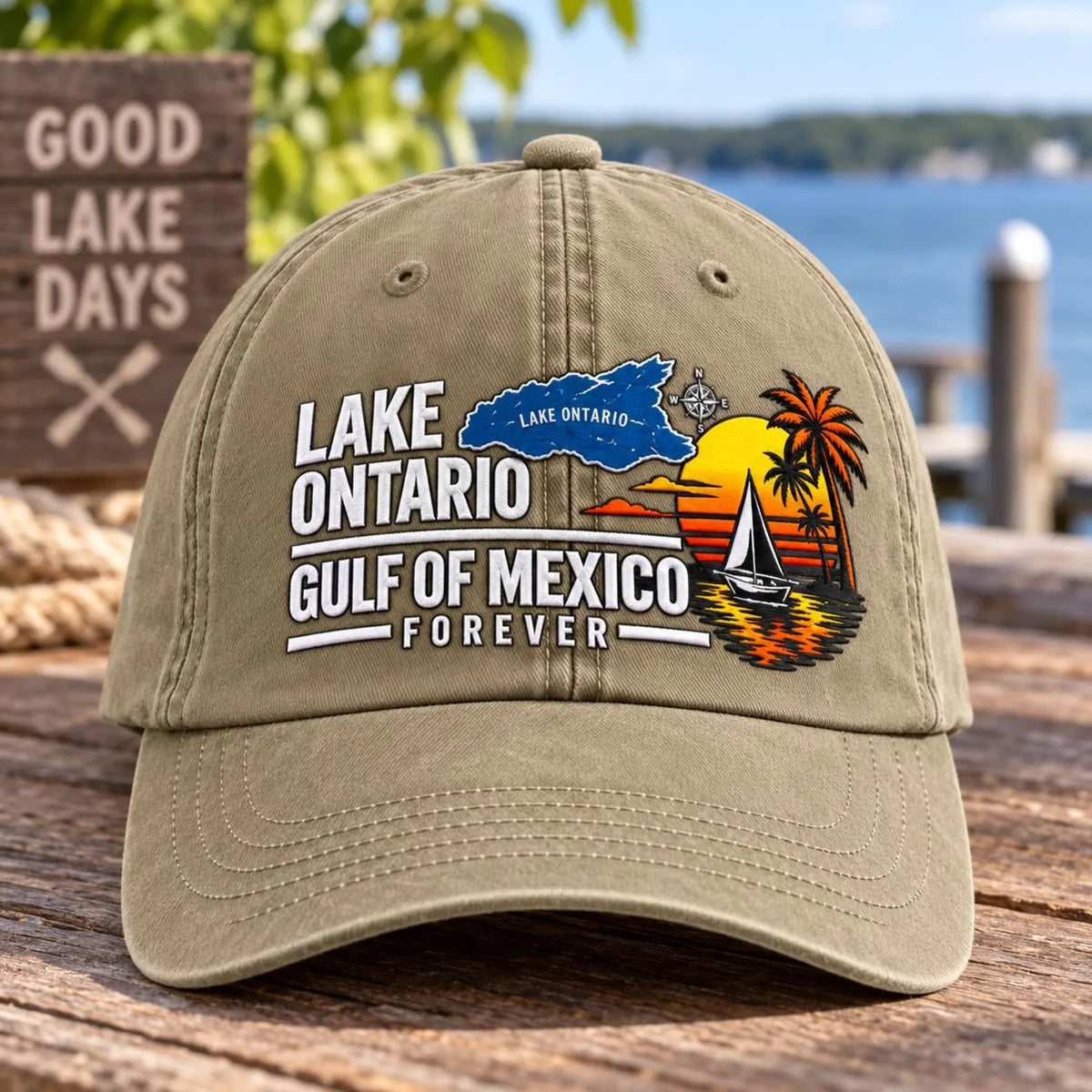 Lake Ontario Gulf of Mexico Hat, Lake Life Embroidered Cap, Boating Hat, Summer Vacation Hat, Coastal Travel Gift, Unisex Baseball Cap