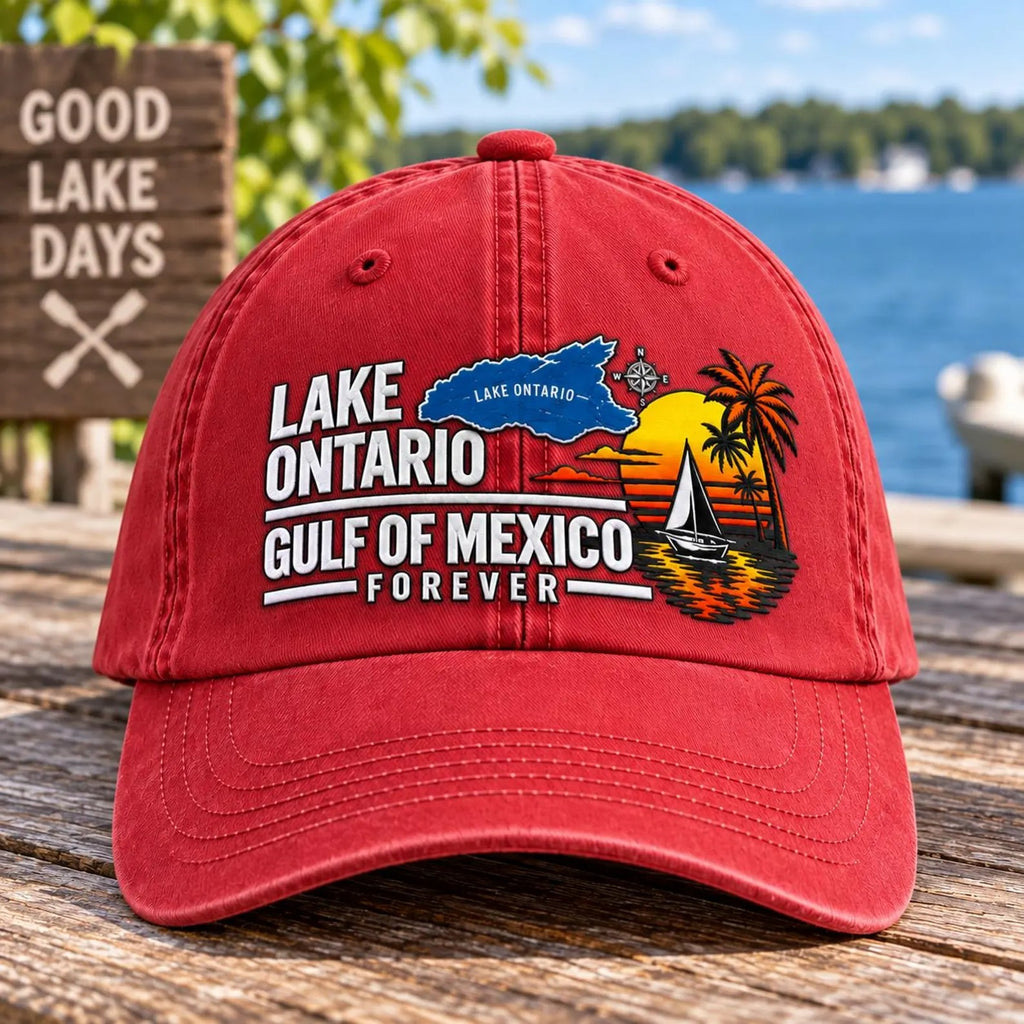 Lake Ontario Gulf of Mexico Hat, Lake Life Embroidered Cap, Boating Hat, Summer Vacation Hat, Coastal Travel Gift, Unisex Baseball Cap