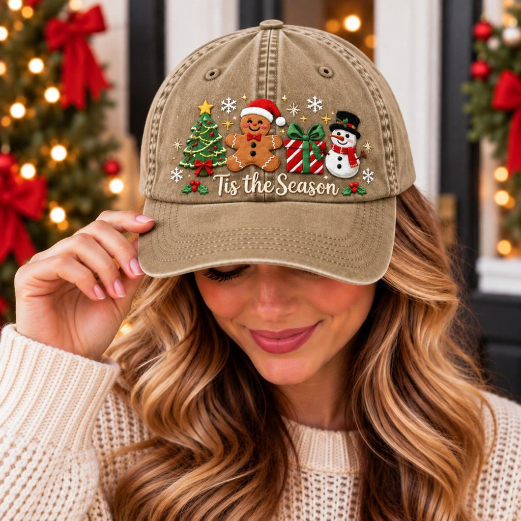 Christmas Embroidered Hat, Tis the Season Cap, Holiday Baseball Hat, Christmas Tree Hat, Gingerbread Hat, Snowman Hat, Festive Gift