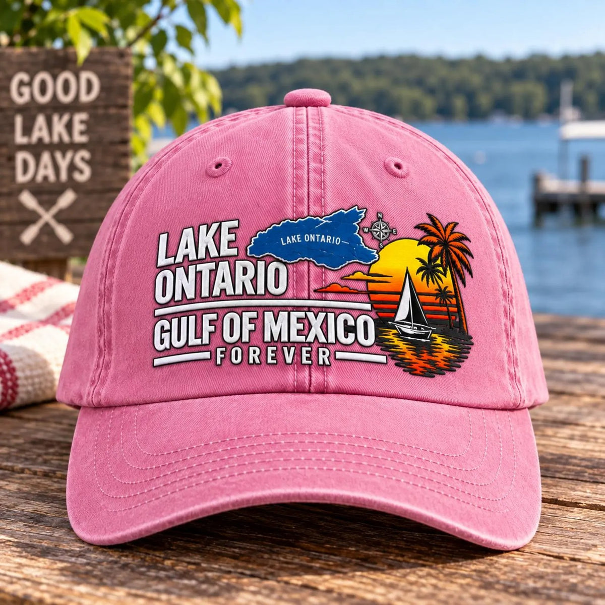 Lake Ontario Gulf of Mexico Hat, Lake Life Embroidered Cap, Boating Hat, Summer Vacation Hat, Coastal Travel Gift, Unisex Baseball Cap