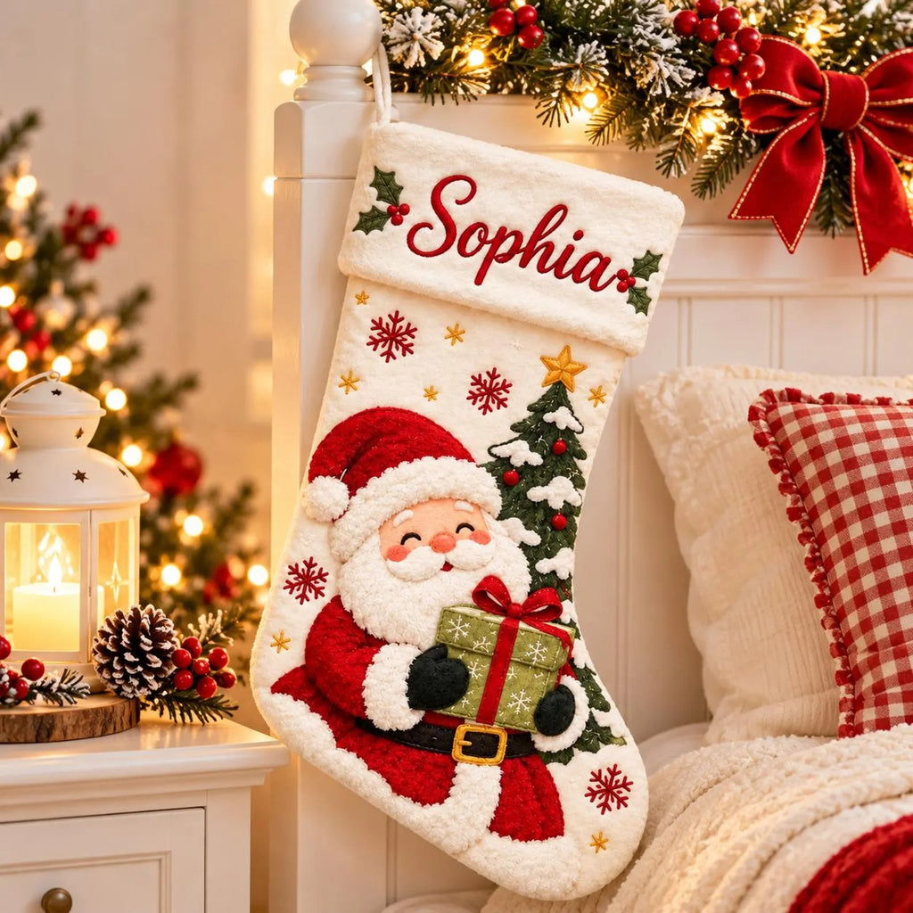 Personalized Christmas Stocking, Santa Reindeer Snowman Stocking, Custom Name Holiday Stocking