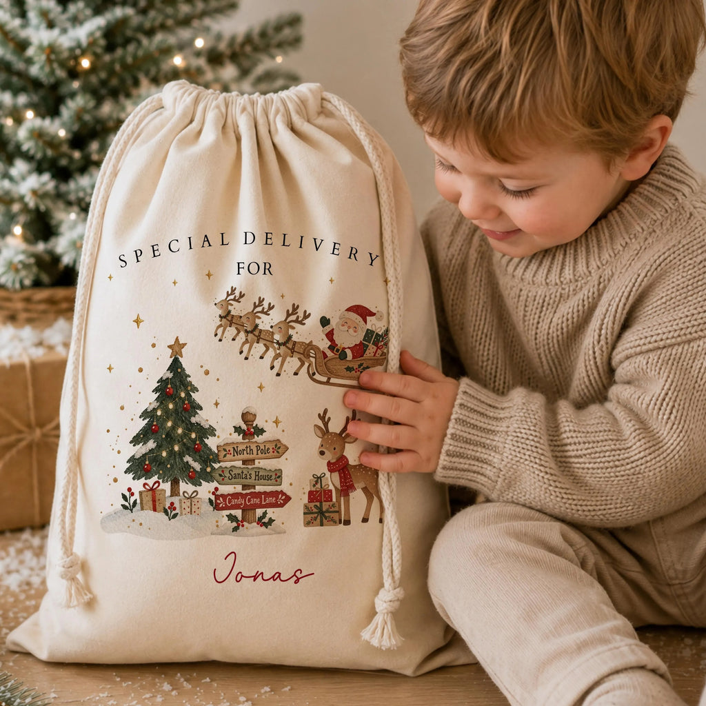 Personalised Cotton Santa Sack, Kids Christmas Gift Bag, Christmas Eve Box, Special Delivery Bag